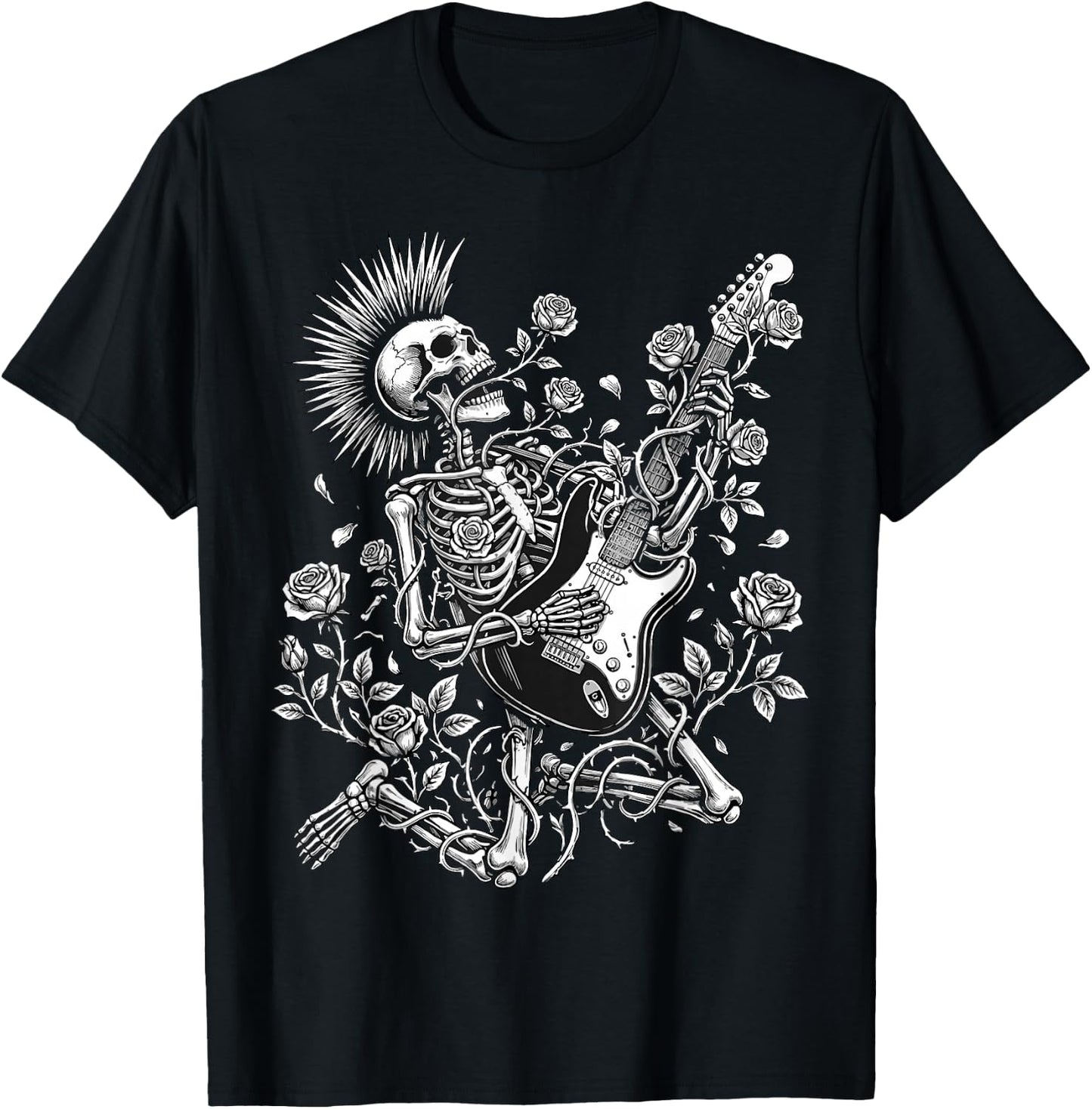 Rock and Roll Rose Skeleton Playing Guitar T-Shirt - T-Shirt | Black