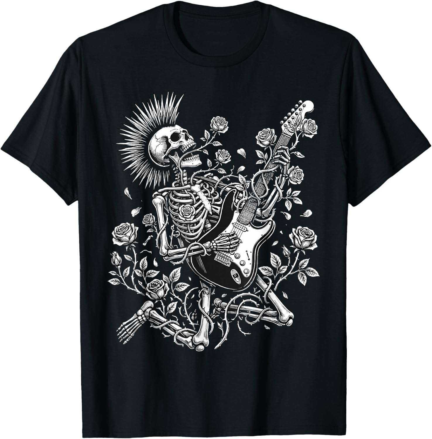 Rock and Roll Rose Skeleton Playing Guitar T-Shirt - T-Shirt | Black