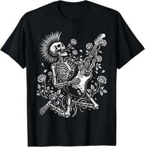 Rock and Roll Rose Skeleton Playing Guitar T-Shirt - T-Shirt | Black