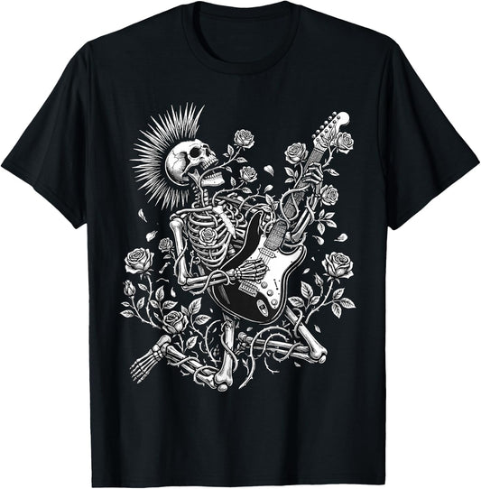 Rock and Roll Rose Skeleton Playing Guitar T-Shirt - T-Shirt | Black