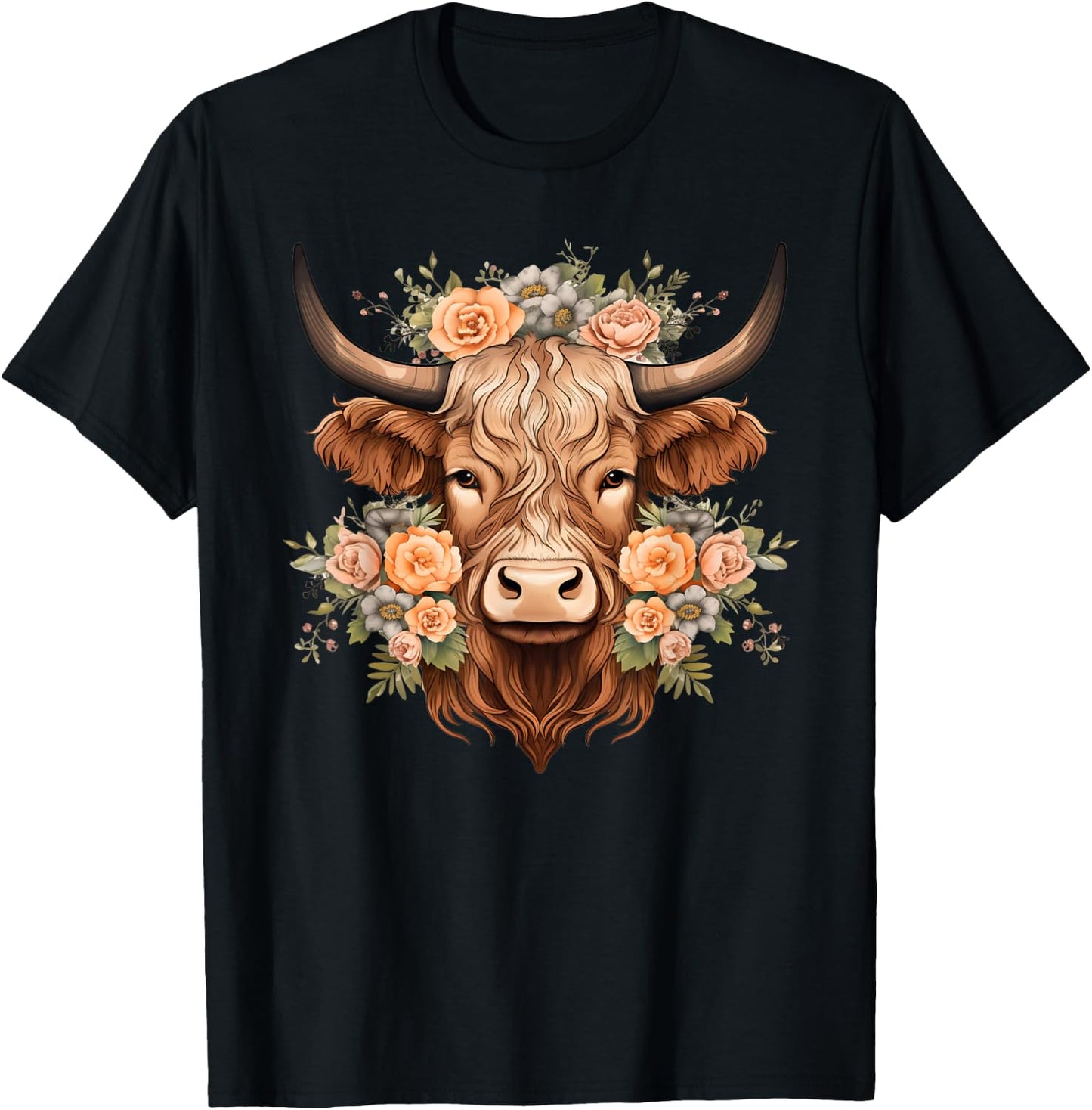 Flowers Highlander Boho Cow T-Shirt - T-Shirt | Black