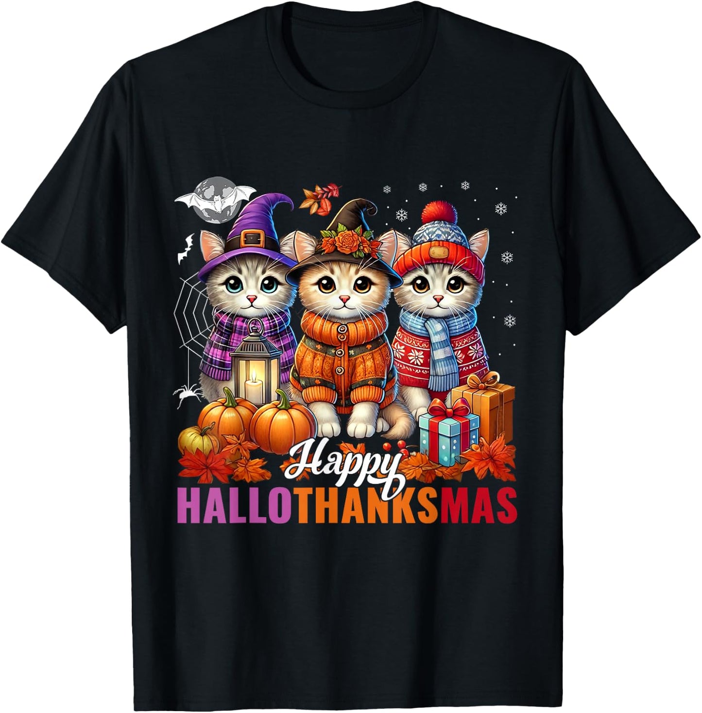 Halloween Thanksgiving Christmas Happy HalloThanksMas Cats T-Shirt - T-Shirt | Black