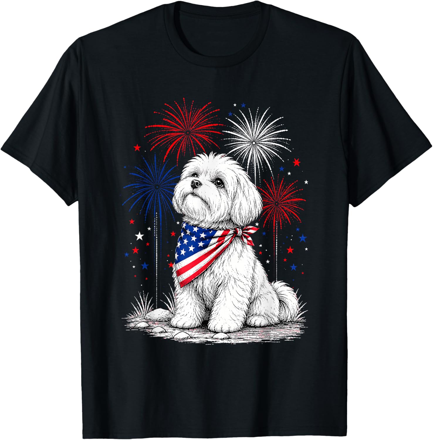 Maltese America's 250th Patriotic Fireworks Animal Lovers T-Shirt - T-Shirt | Black