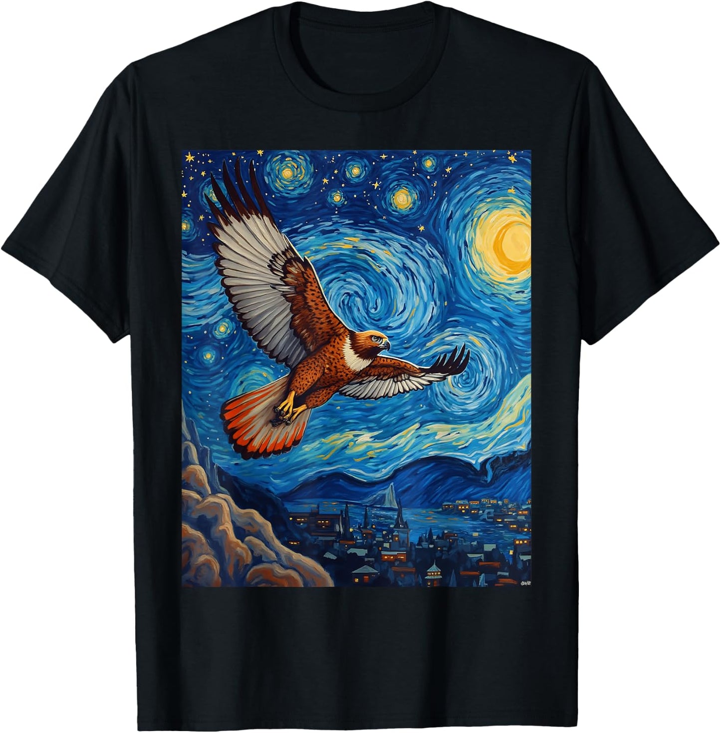 Van Gogh's Starry Night Red-Tailed Hawk Sky Hunter Animal T-Shirt - T-Shirt | Black