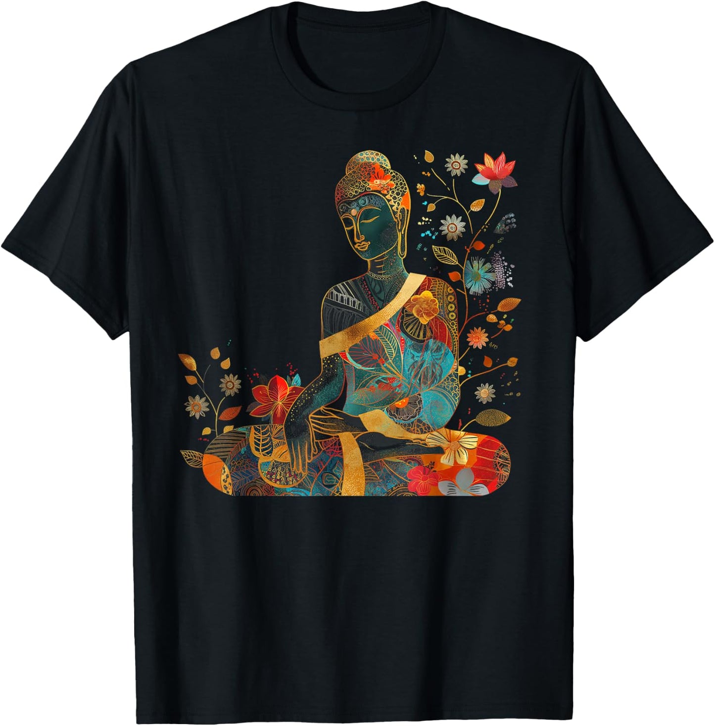 Buddha Colorful Flowers Floral Buddhist Zen Buddhism Art T-Shirt - T-Shirt | Black