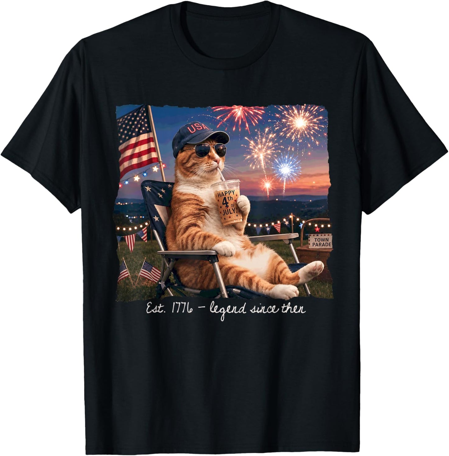 Funny 4th of July Cat Fireworks Est 1776 Legend Since Then T-Shirt - T-Shirt | Black
