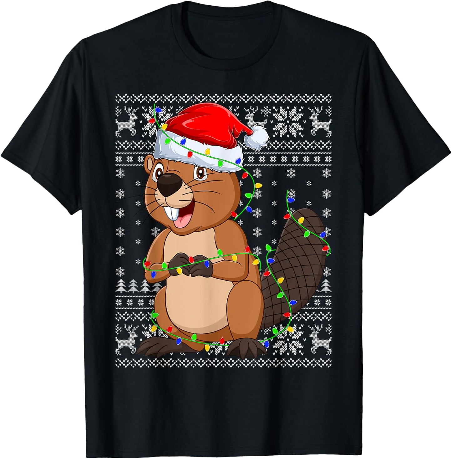 Ugly Sweater Xmas Lights Santa Hat Beaver Christmas T-Shirt - T-Shirt | Black