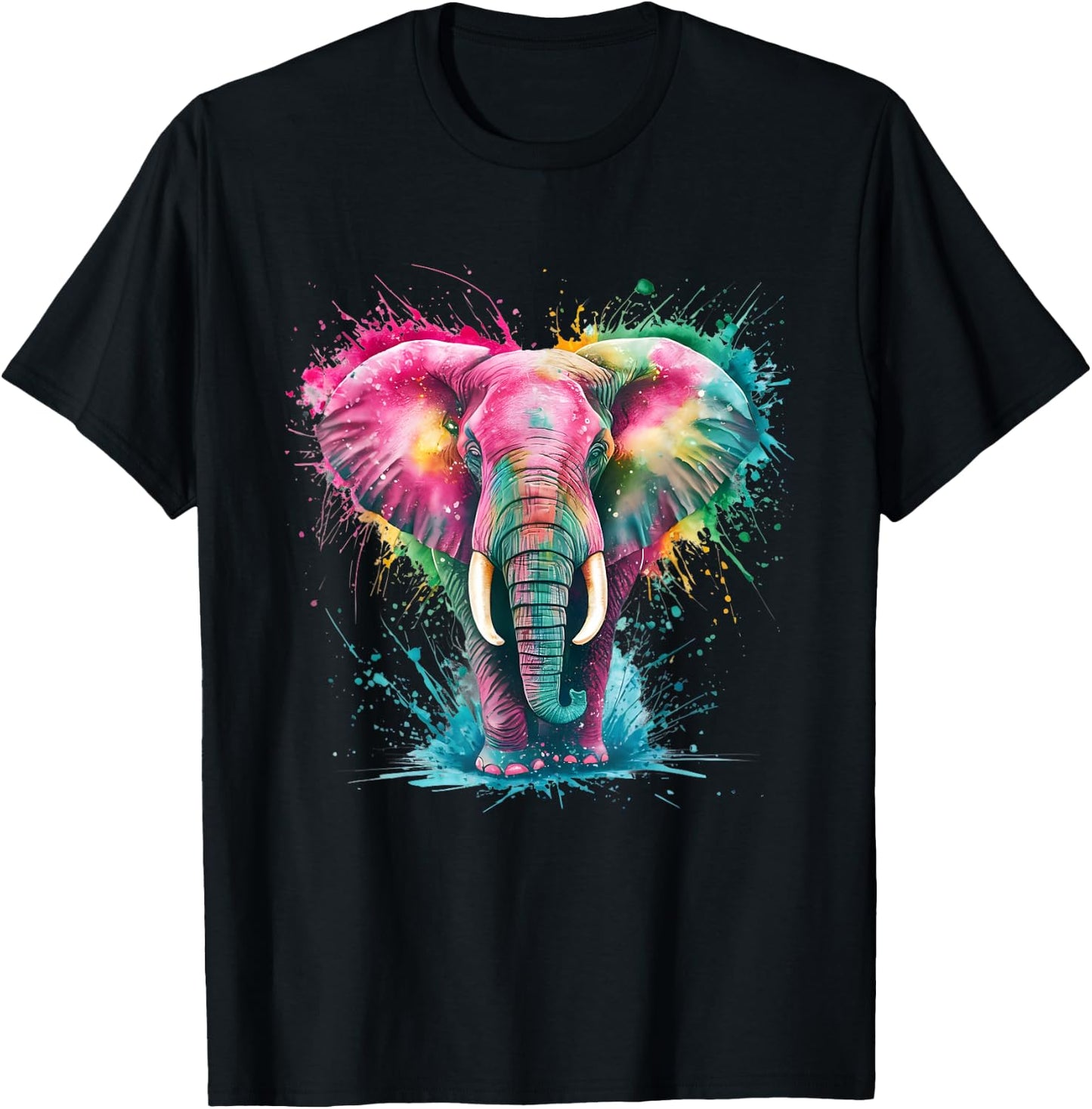 Elephant Men's Women's Colourful Watercolour Elephant , black T-Shirt - T-Shirt | Black