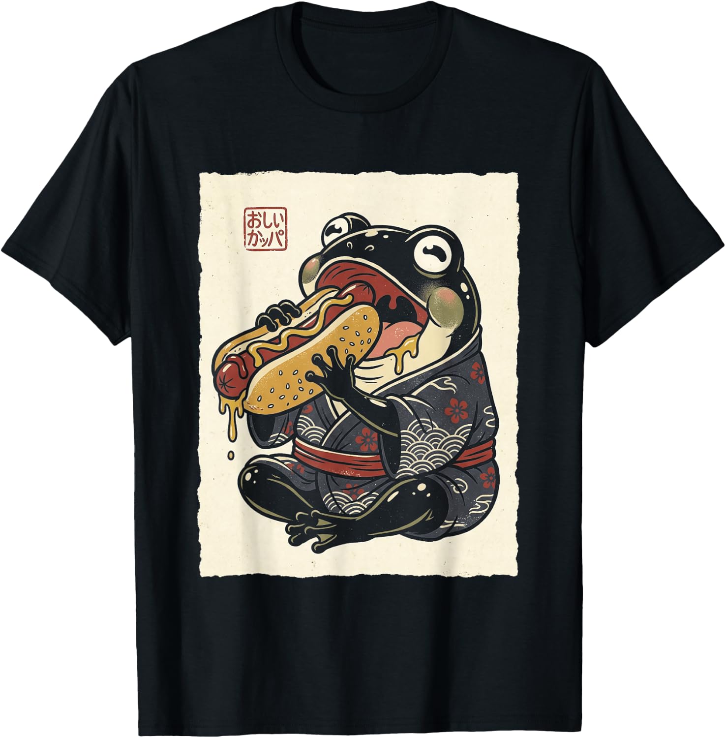 Grumpy Frog Eating Hotdog Japanese T-Shirt - T-Shirt | Black