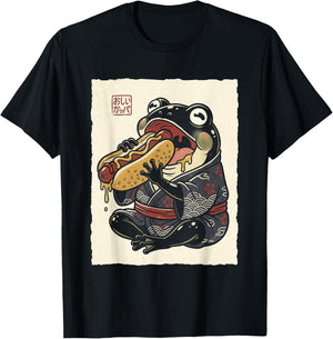 Grumpy Frog Eating Hotdog Japanese T-Shirt - T-Shirt | Black