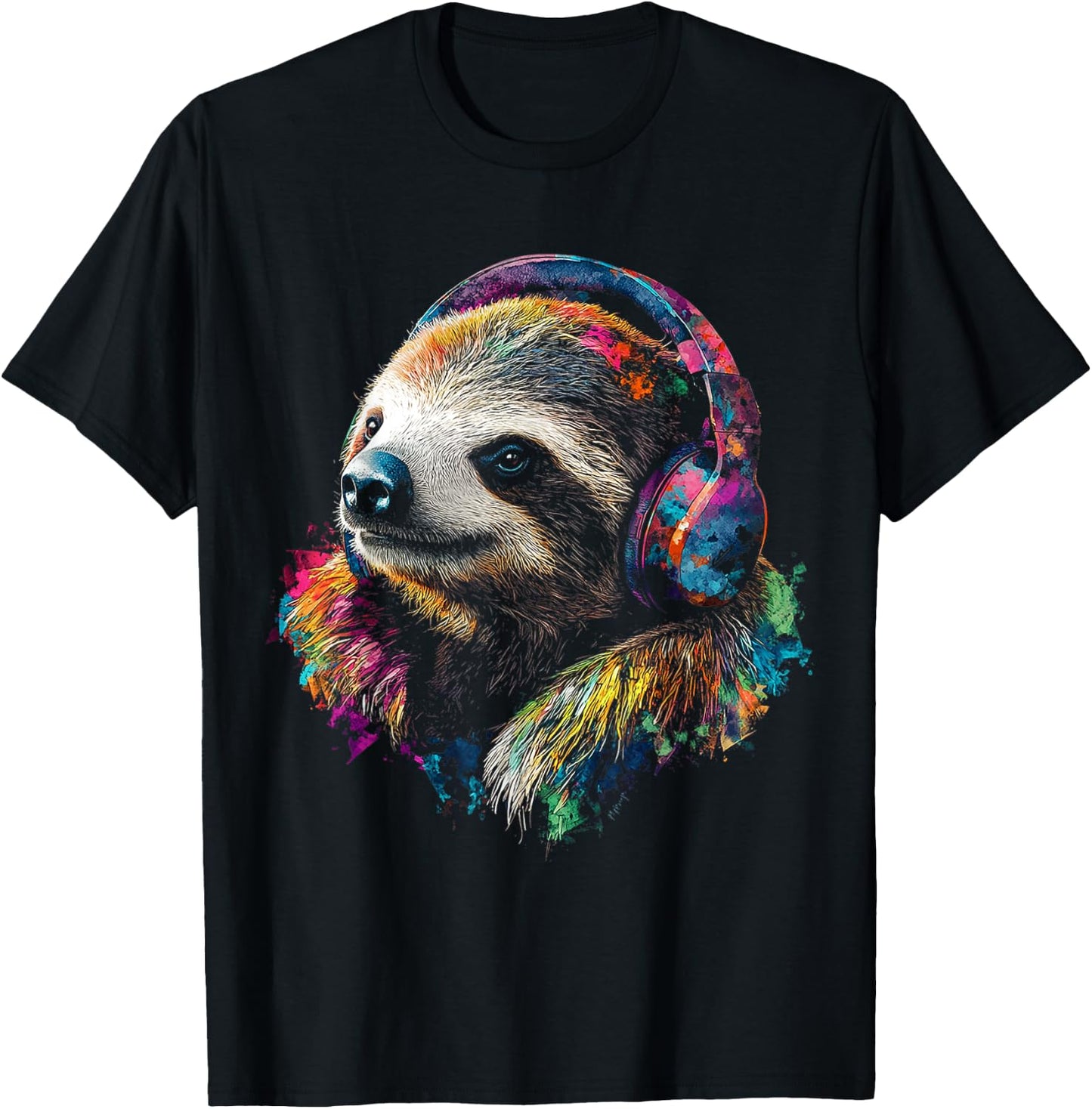 Headphones with Sloth Pattern , Black, S T-Shirt - T-Shirt | Black