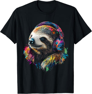 Headphones with Sloth Pattern , Black, S T-Shirt - T-Shirt | Black
