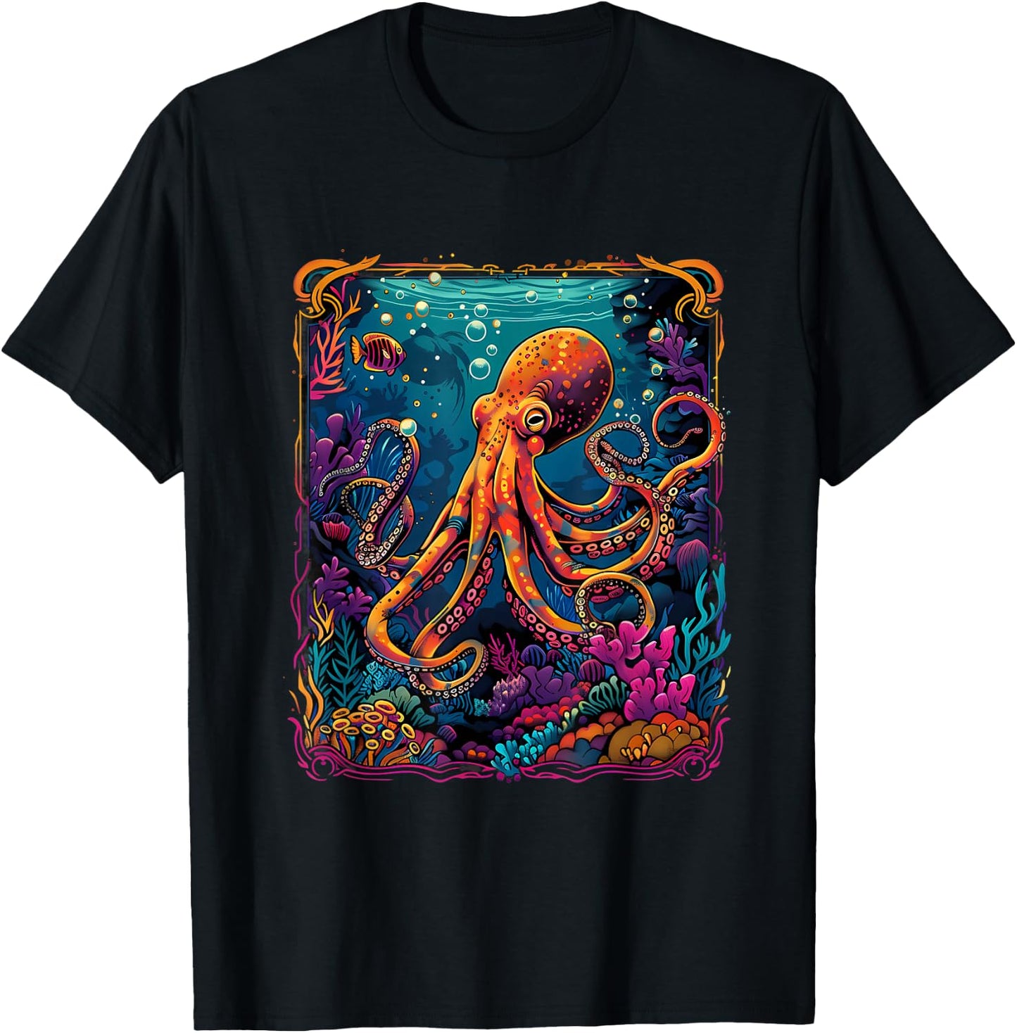 Sea Ocean Octopus Motif Artwork Sea Creature Kraken Cthulhu T-Shirt - T-Shirt | Black