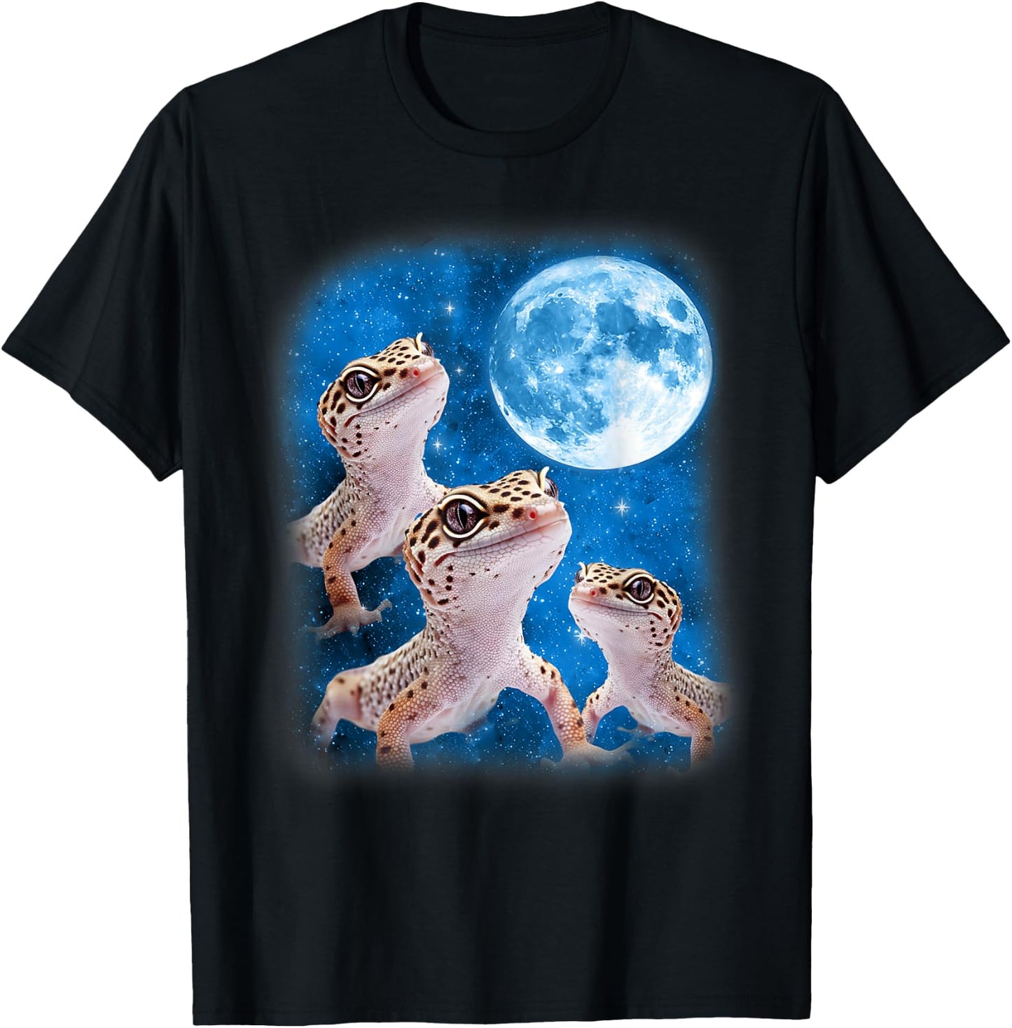 Gecko Howling At The Space Full Moon At Night Starry Sky T-Shirt - T-Shirt | Black