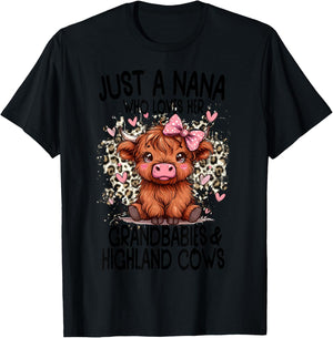 Just a NANA loves her GRANDBABIES & HIGHLAND COWS Graphic T-Shirt - T-Shirt | Black
