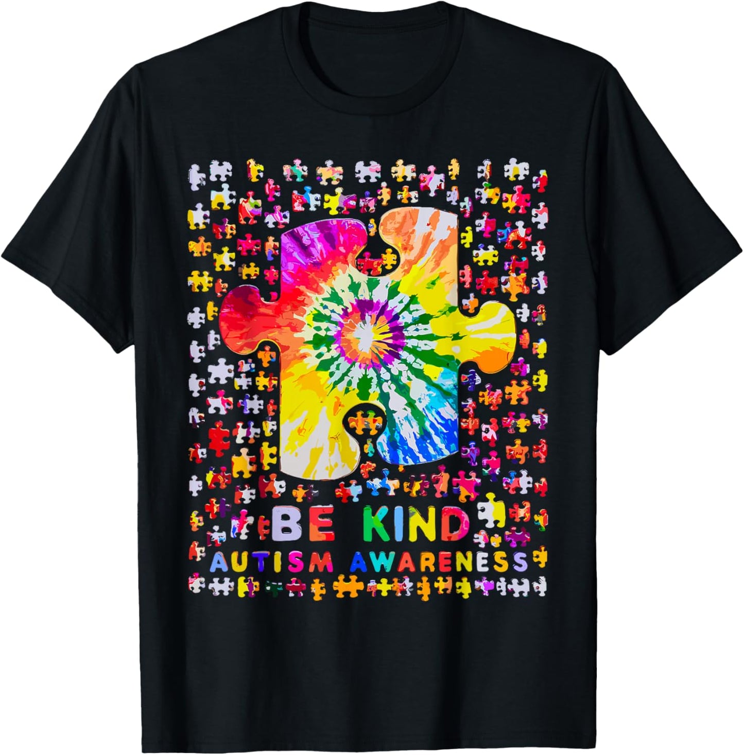 Be Kind Puzzle Tie Dye Autism Awareness T-Shirt - T-Shirt | Black