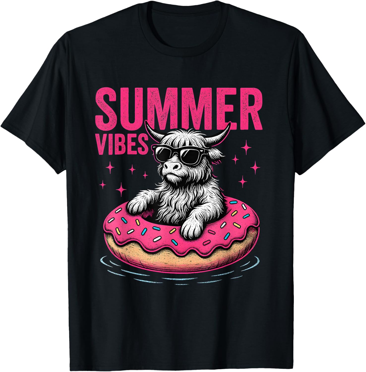 Highland Cow Summer Vibes Donut Float T-Shirt - T-Shirt | Black