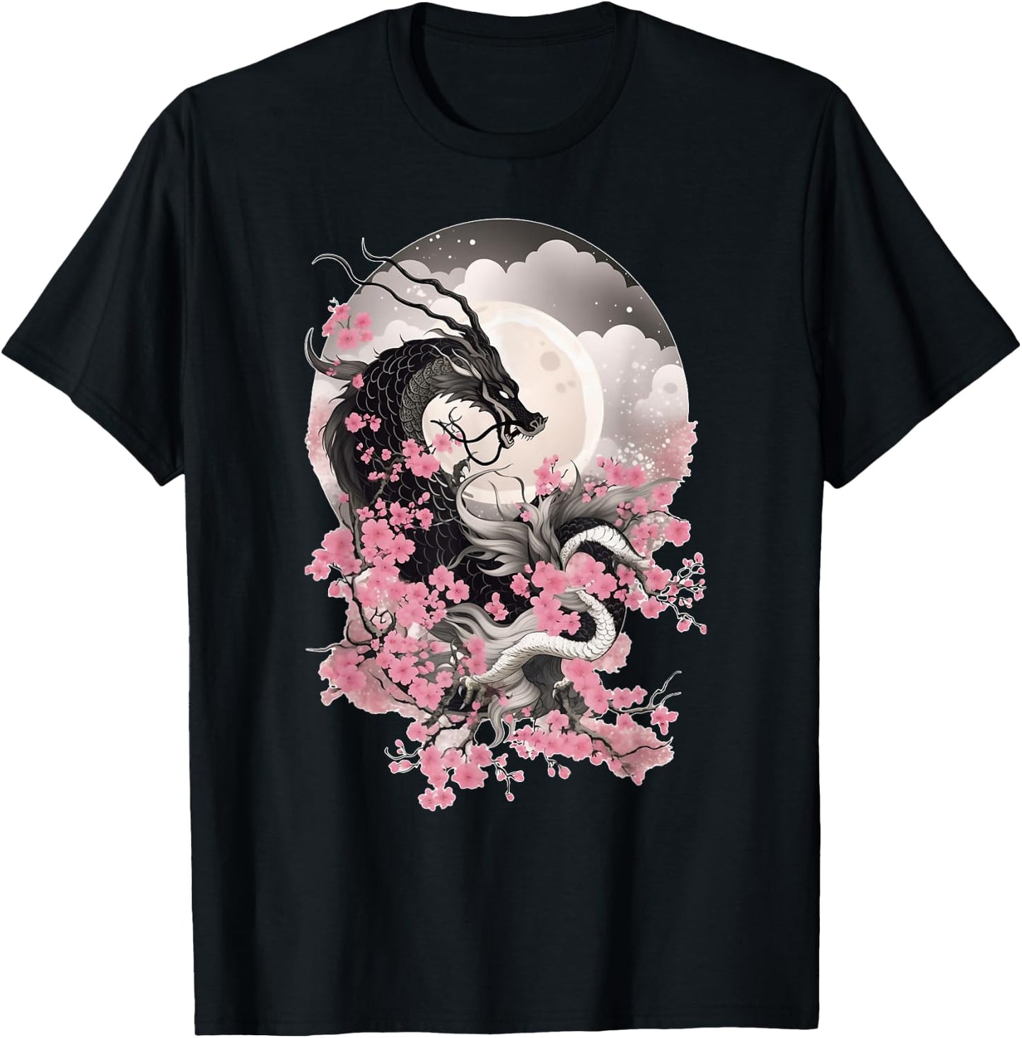 Japanese Dragon & Cherry Blossom Men & Women Full Moon Asian T-Shirt - T-Shirt | Black