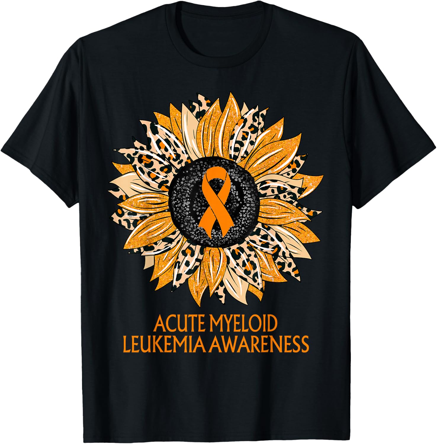 Leopard Sunflower Acute Myeloid Leukemia Awareness Gifts T-Shirt - T-Shirt | Black