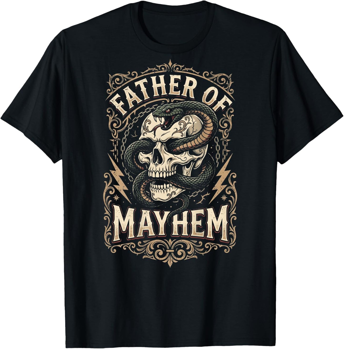 Father of Mayhem Vintage Gothic Skull Snake Tattoo (On Back) T-Shirt - T-Shirt | Black