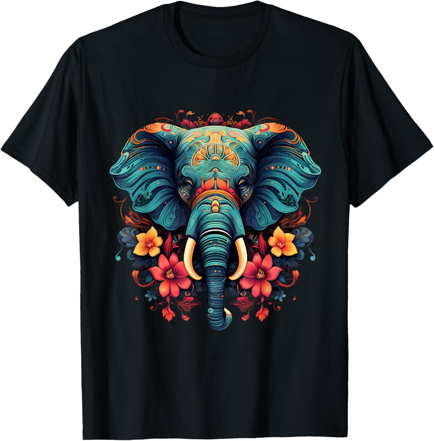 Elephant Portrait Floral Artwork Motif Animal Art Nature T-Shirt - T-Shirt | Black