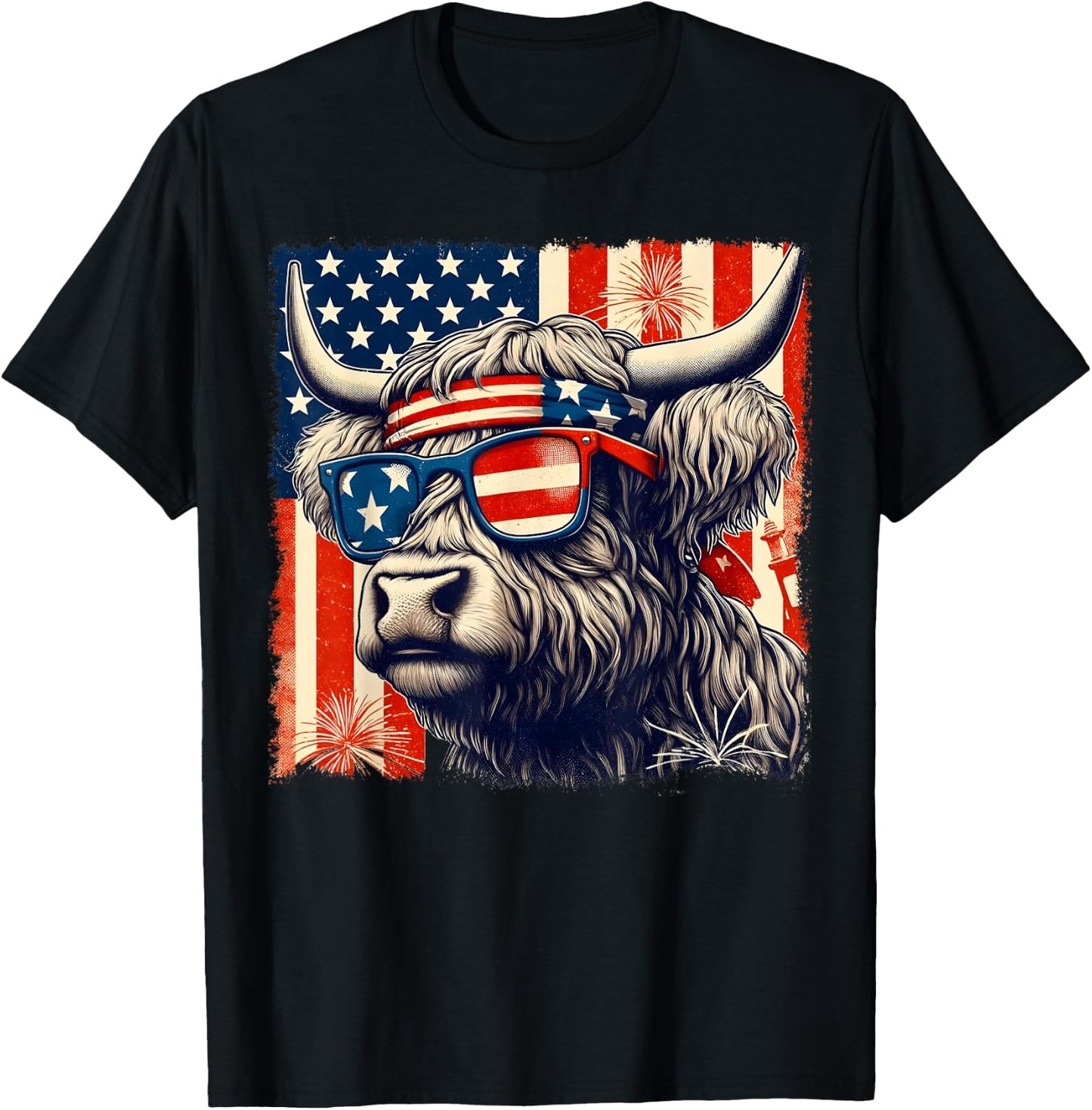 Highland Cow Sunglasses American Flag 4th of July Farmer T-Shirt - T-Shirt | Black
