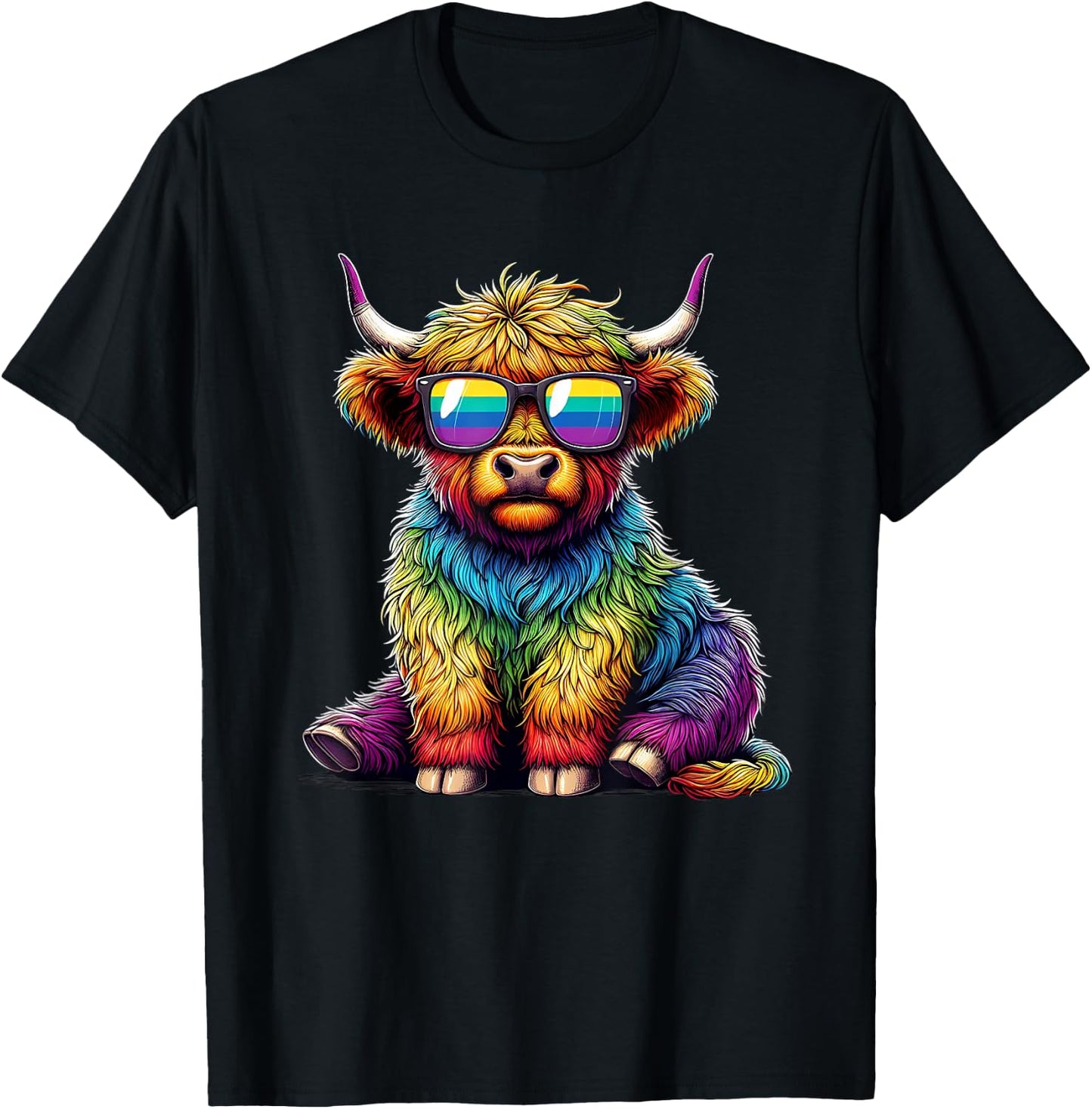 Cool Highland Cow Pride Rainbow LGBTQ+ Men Women Kids T-Shirt - T-Shirt | Black