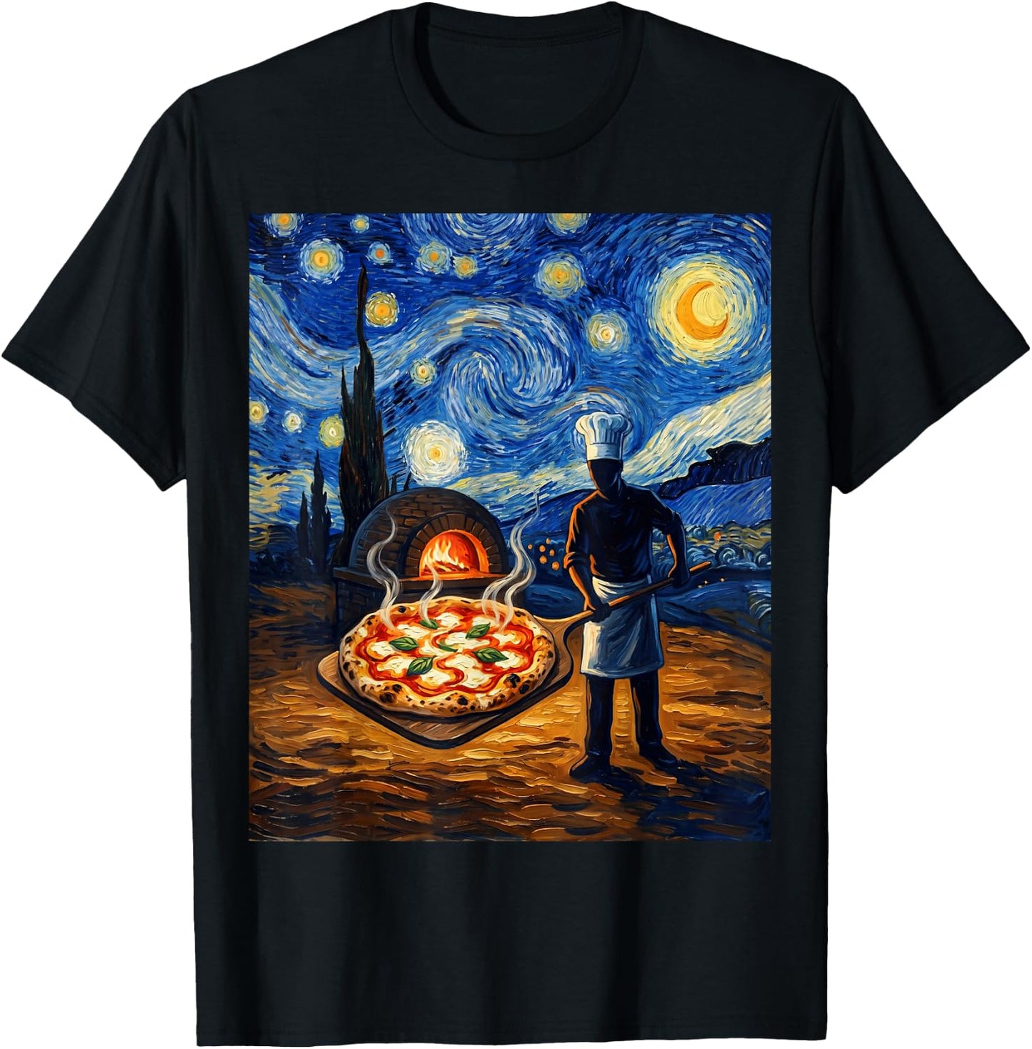 Pizza Margherita Starry Night Funny Pizzaiolo Italian Pizza T-Shirt - T-Shirt | Black