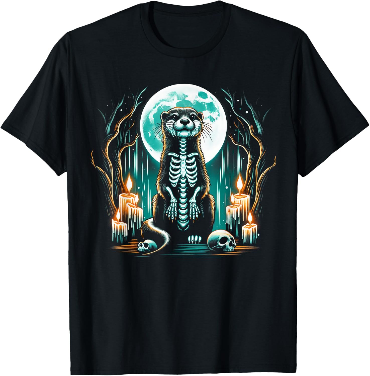 Cool Otter Skeleton Halloween Christmas Birthday T-Shirt - T-Shirt | Black