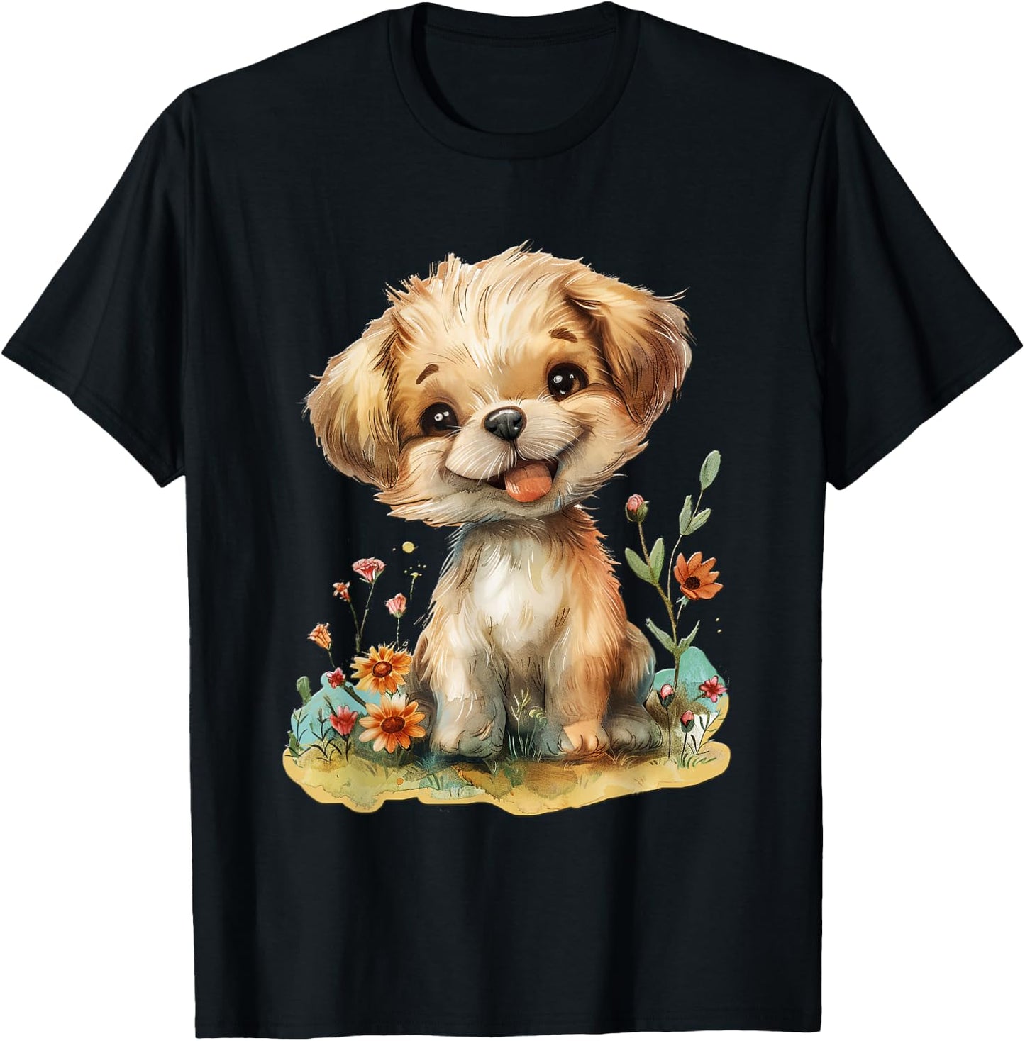 Baby Welpe mit Blumen süßer Hund Mädchen Tochter T-Shirt - T-Shirt | Black