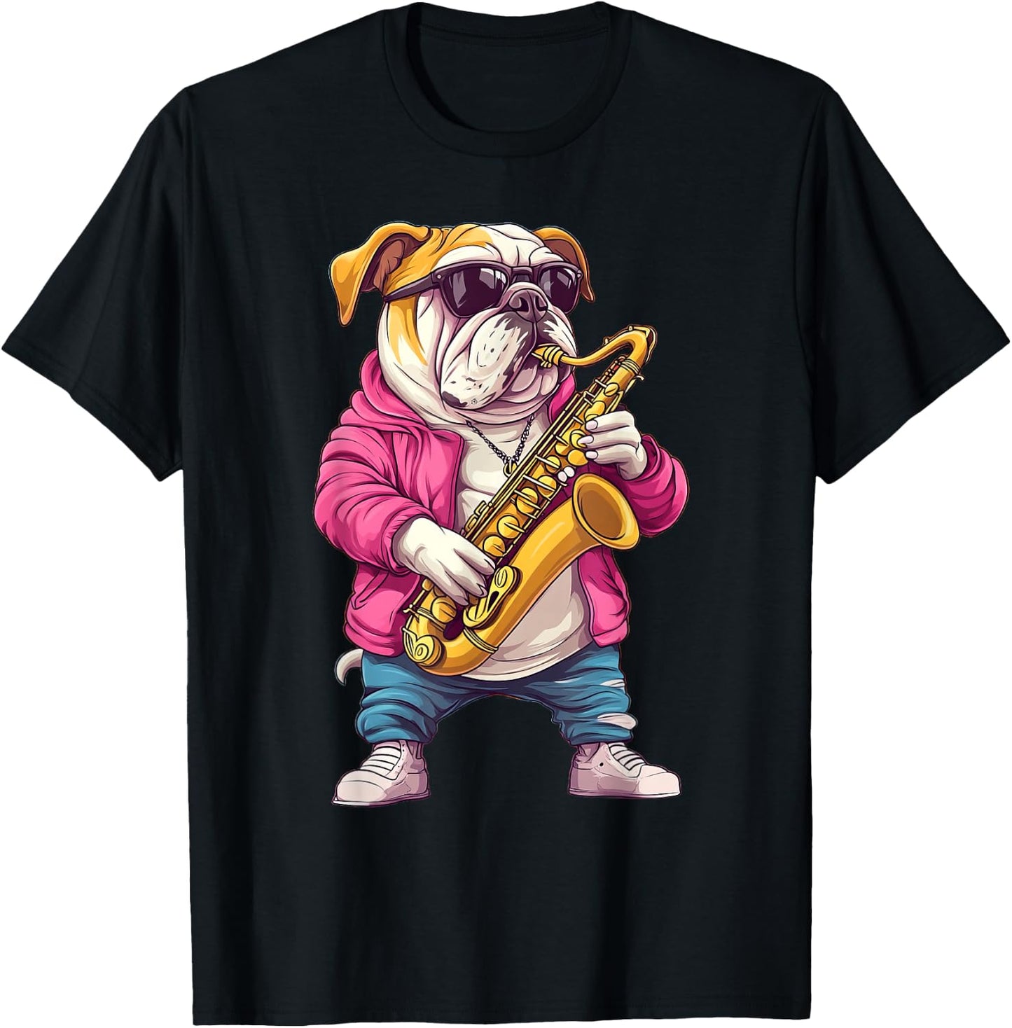 Cute English Bulldog Dog Playing Saxophone Musician Music T-Shirt - T-Shirt | Black