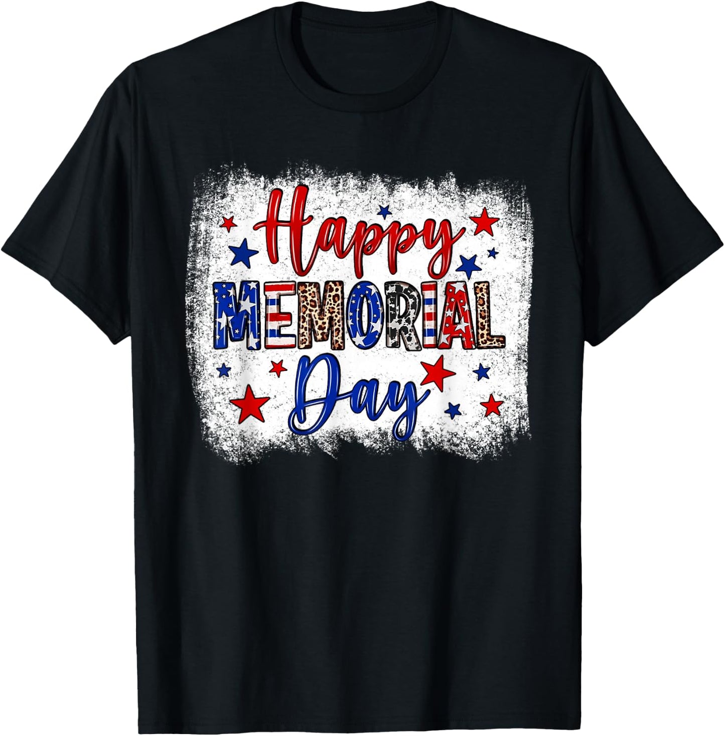 Bleached Happy Memorial Day Leopard USA Patriotic T-Shirt - T-Shirt | Black