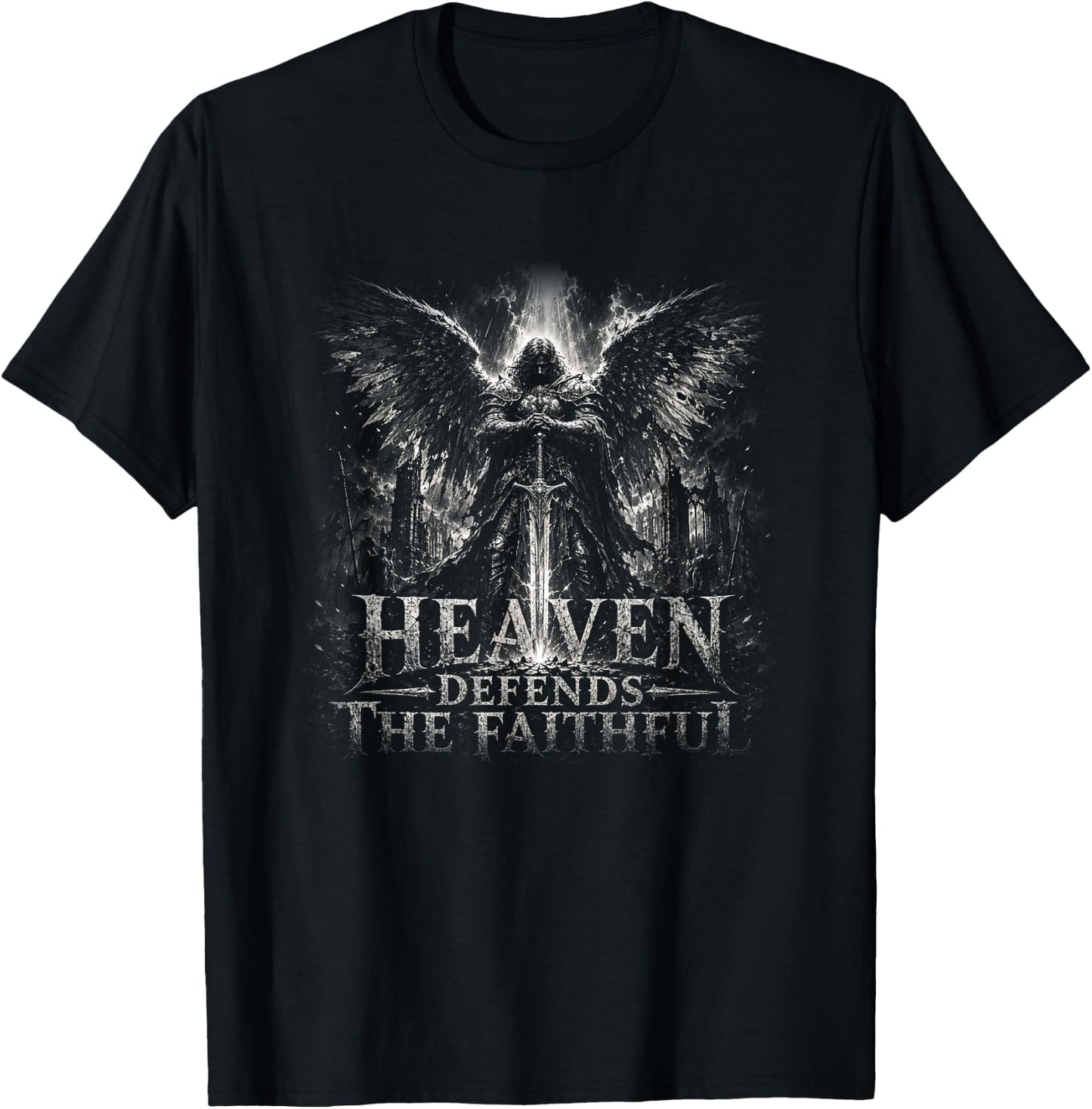 Heaven Defends The Faithful Angel Warrior Cross T-Shirt - T-Shirt | Black