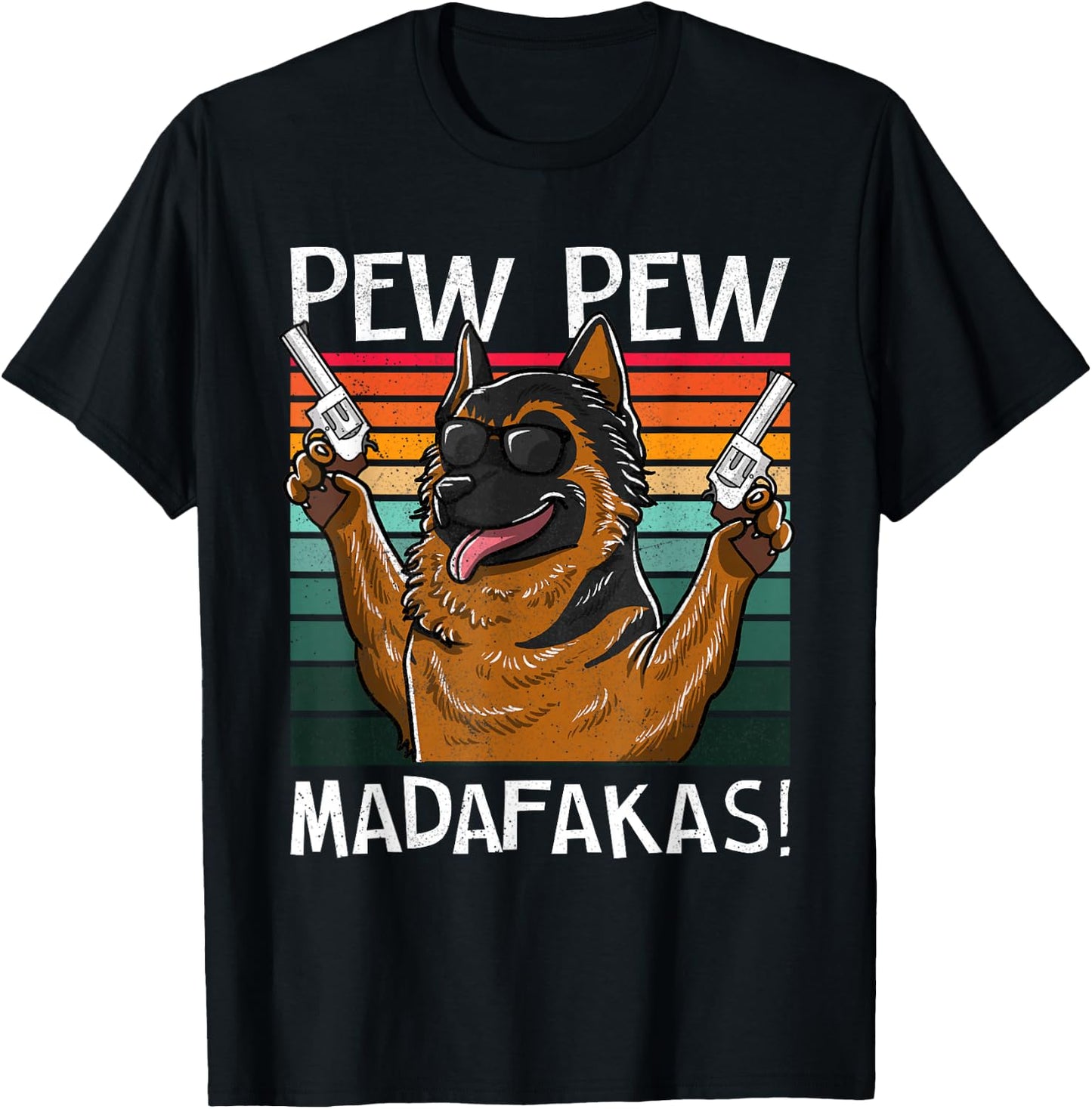German Shepherd Pew Pew Vintage Retro Sunset T-Shirt - T-Shirt | Black
