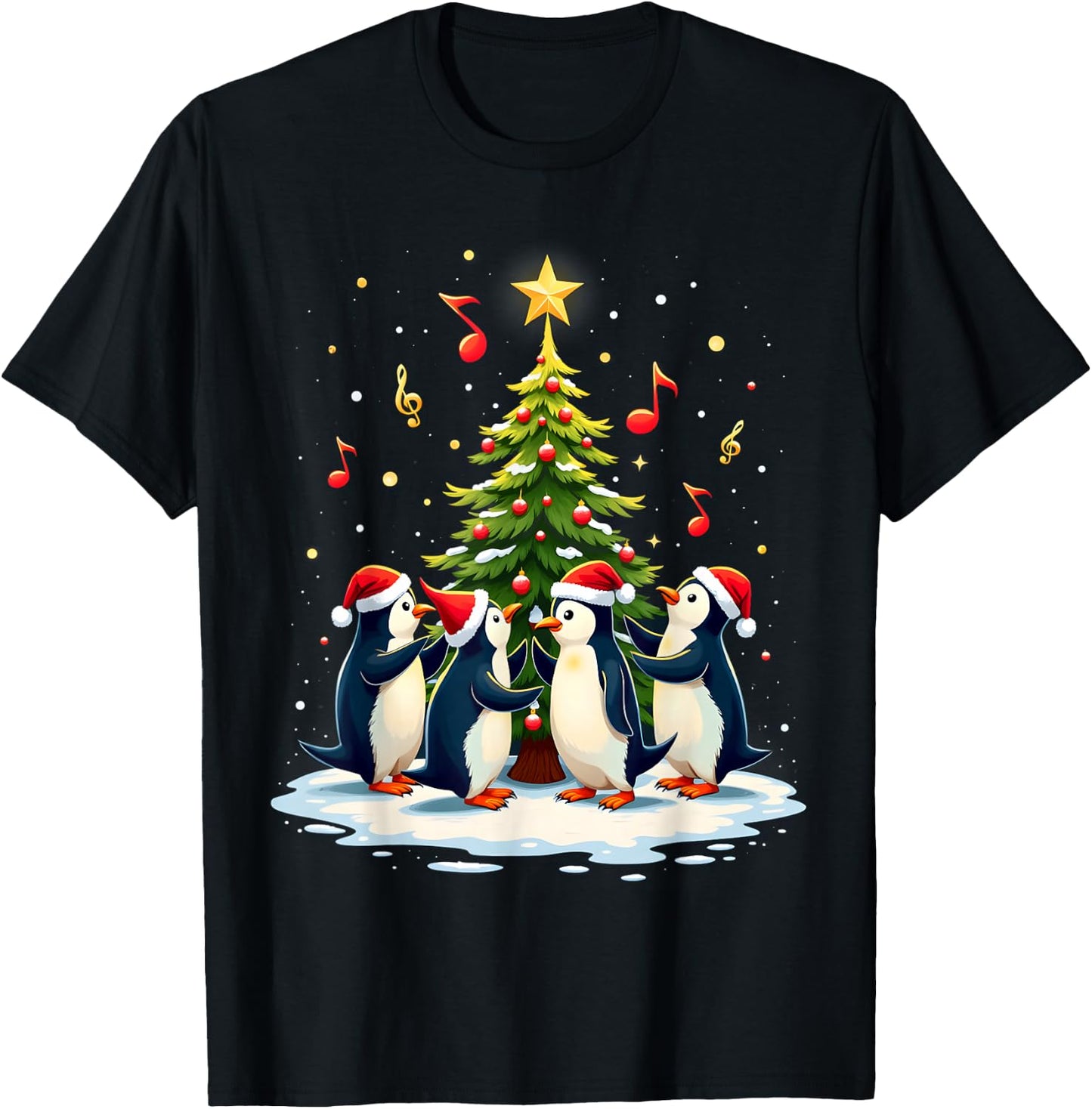 Kids Festive Penguins Singing Around Christmas Tree - Black, Small T-Shirt - T-Shirt | Black