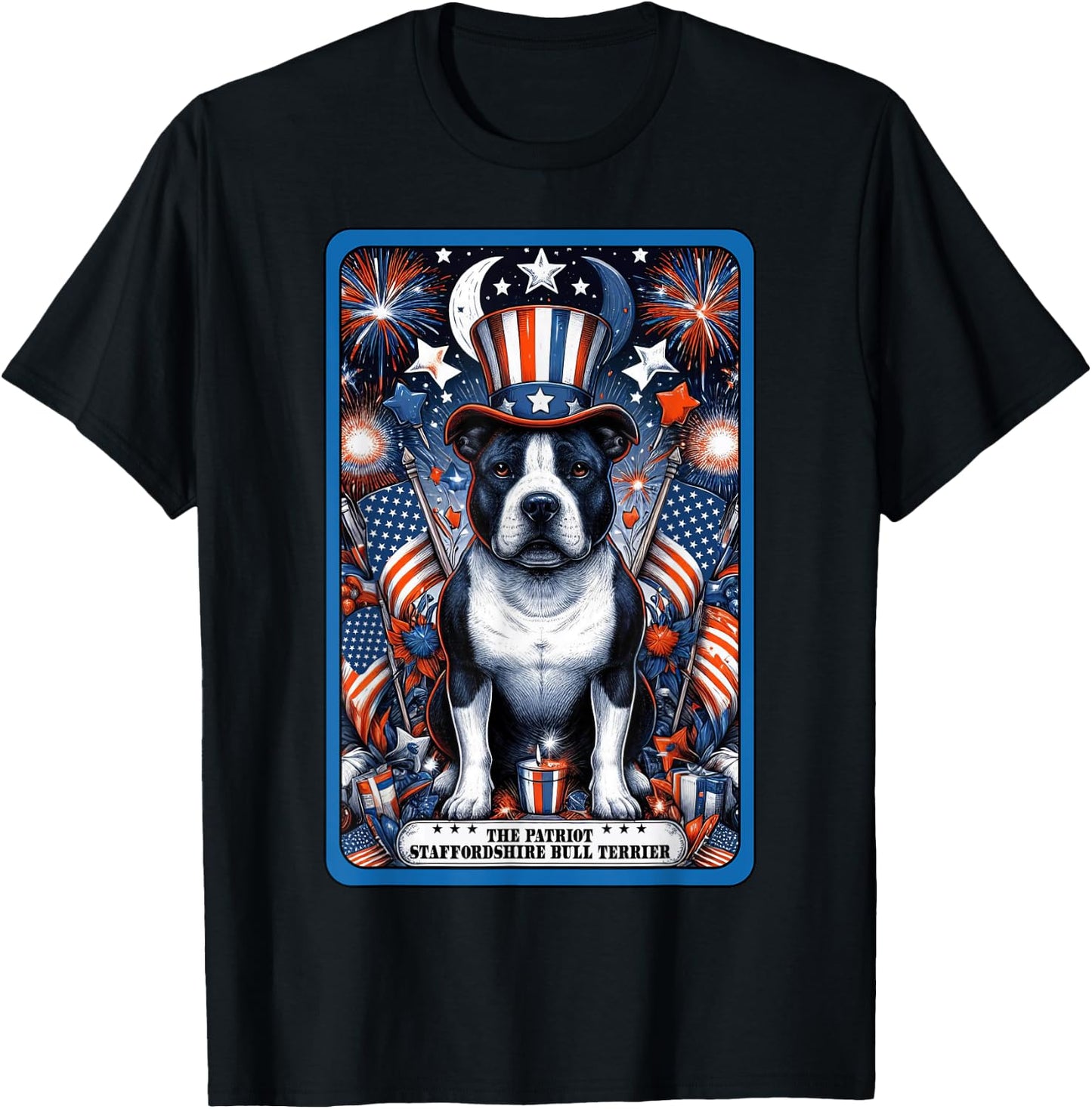 Staffordshire Bull Terrier Dog July 4th Patriotic Tarot Card T-Shirt - T-Shirt | Black