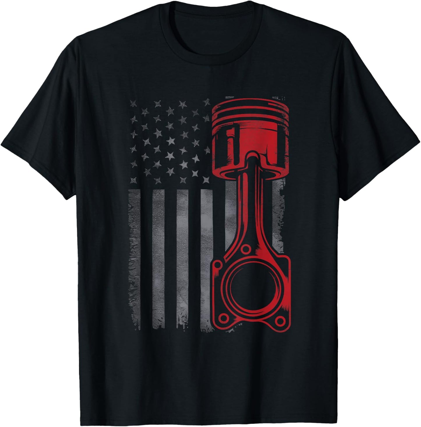 Vintage Piston Funny Muscle Car Mechanic Flag USA Patriotic T-Shirt - T-Shirt | Black