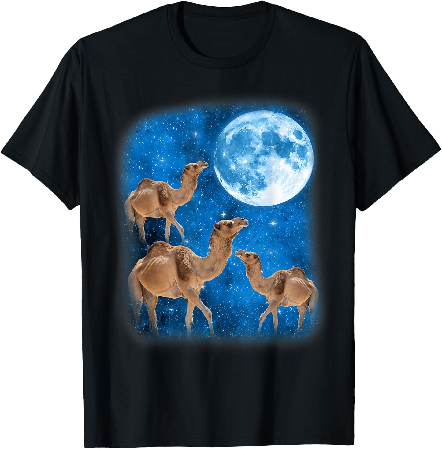 Camel Howling At The Space Full Moon At Night Starry Sky T-Shirt - T-Shirt | Black