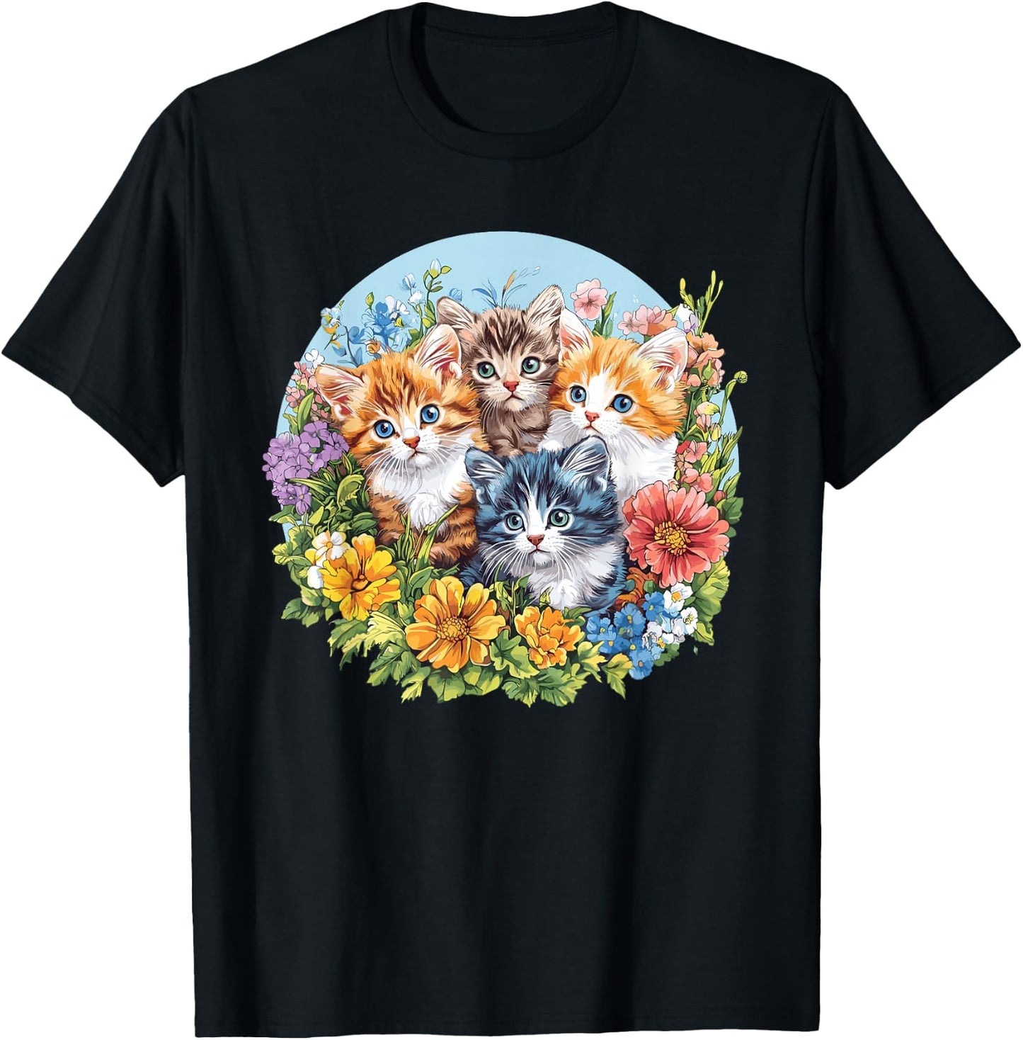 Adorable Kittens Surrounded by Flowers T-Shirt - T-Shirt | Black