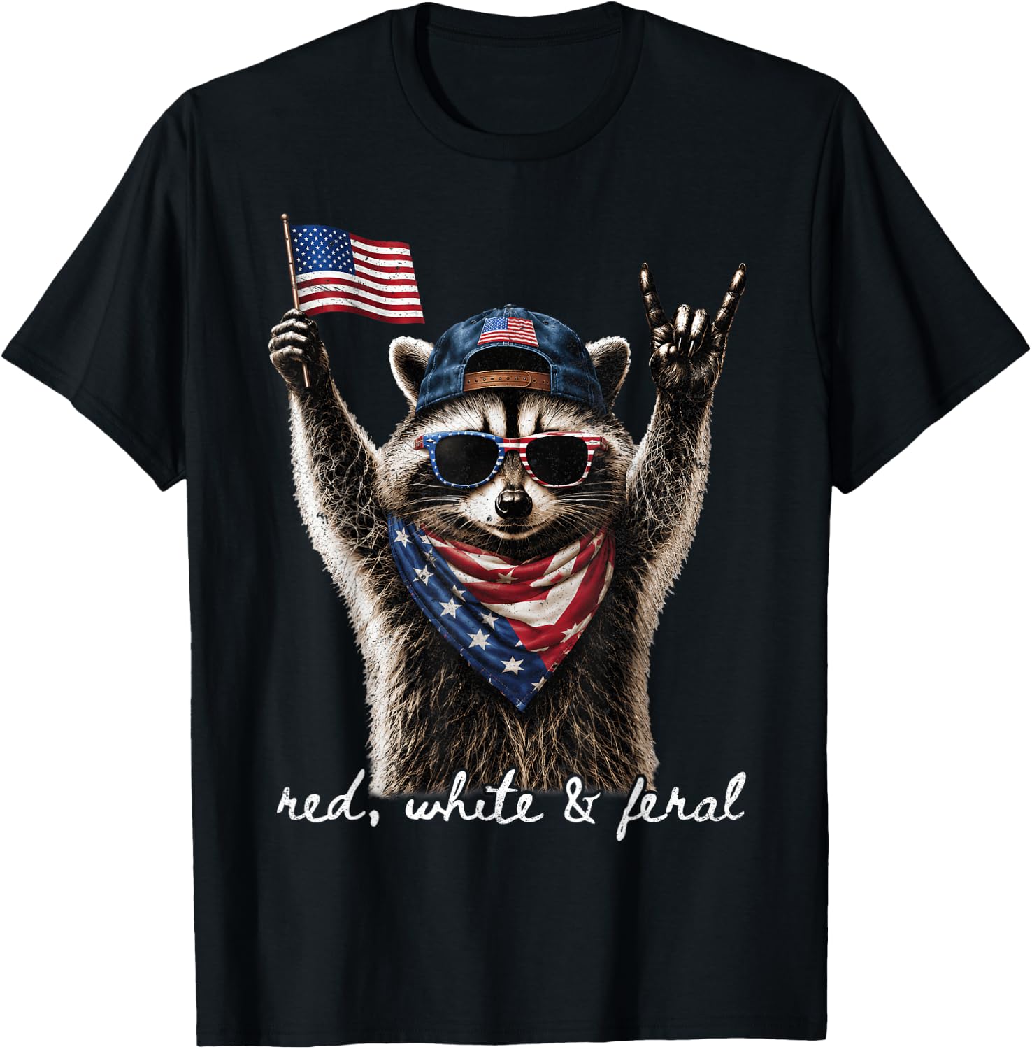 Red White & Feral Funny Patriotic Raccoon Rock 4th of July T-Shirt - T-Shirt | Black