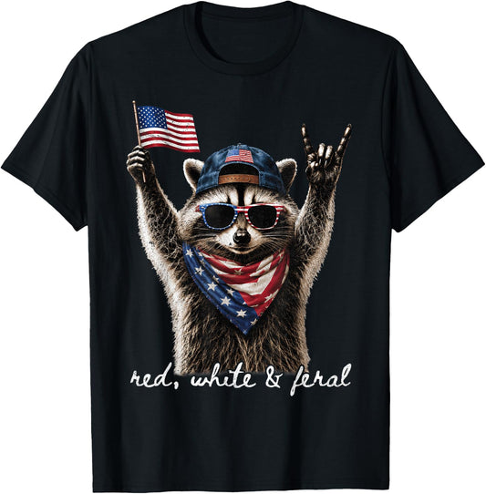 Red White & Feral Funny Patriotic Raccoon Rock 4th of July T-Shirt - T-Shirt | Black
