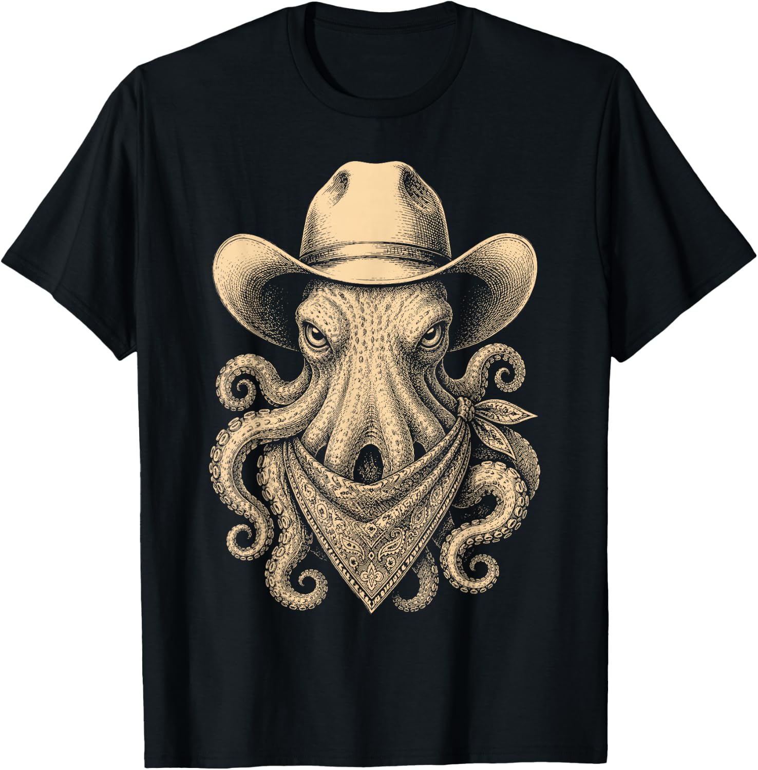 Vintage Octopus Cowboy Hat Bandana Retro Western T-Shirt - T-Shirt | Black