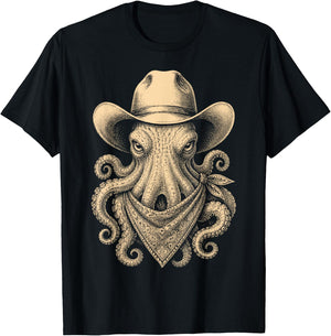 Vintage Octopus Cowboy Hat Bandana Retro Western T-Shirt - T-Shirt | Black