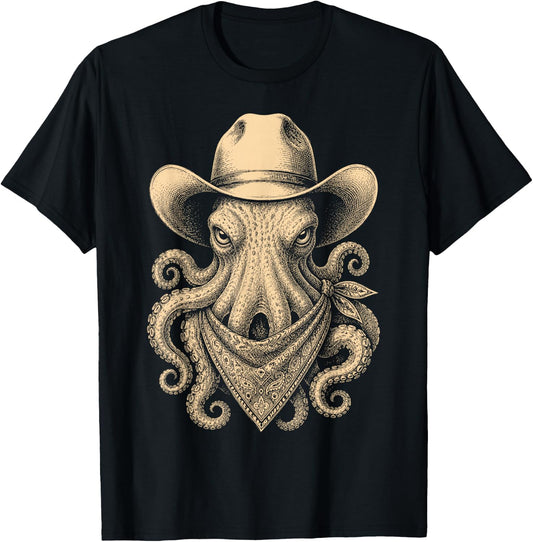 Vintage Octopus Cowboy Hat Bandana Retro Western T-Shirt - T-Shirt | Black