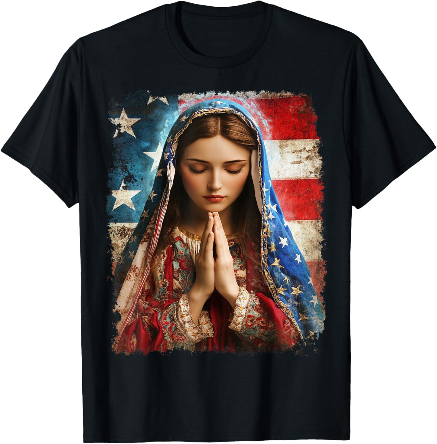 US Flag American The Virgin Mary Religious Christian T-Shirt - T-Shirt | Black