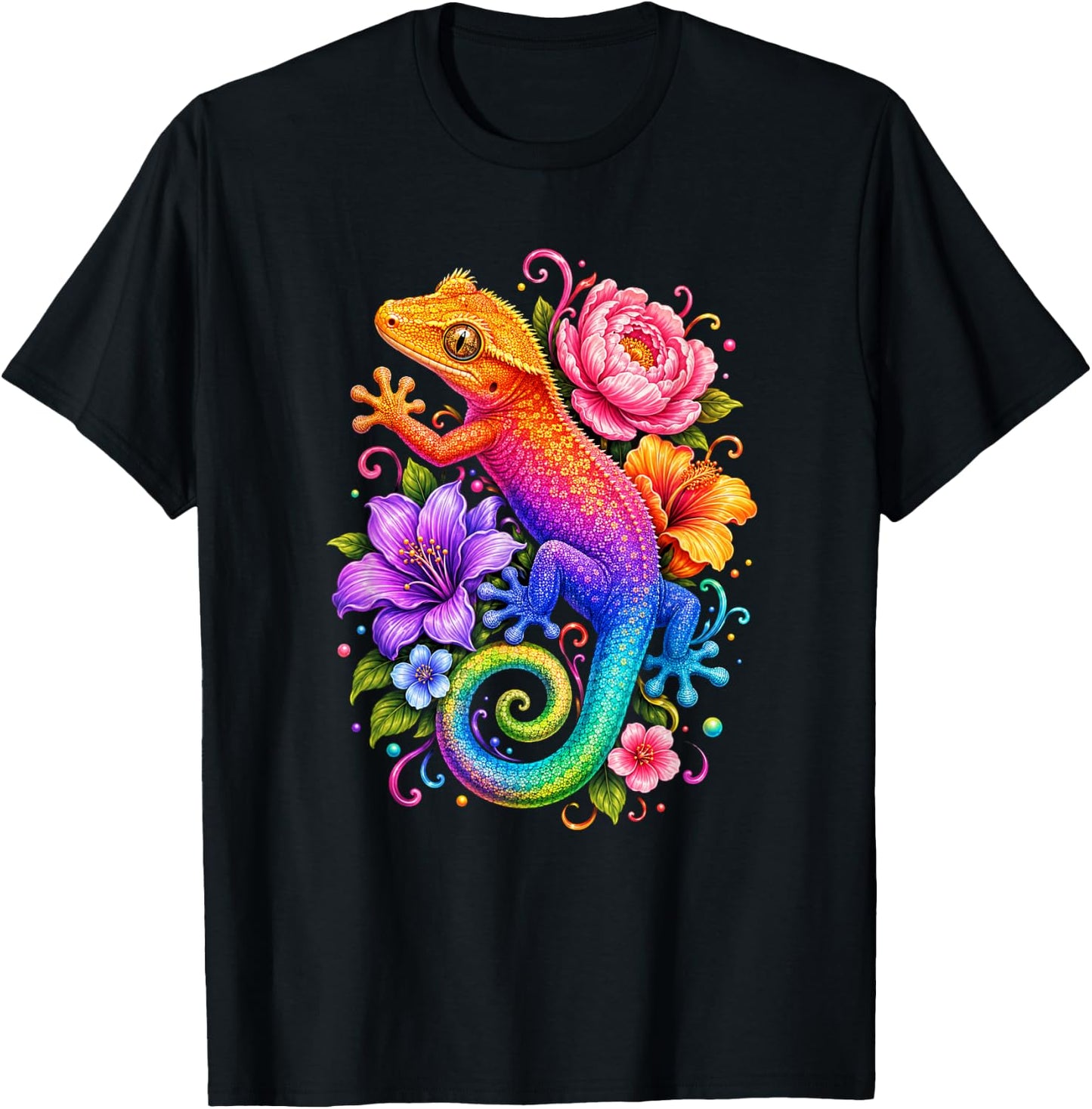 Cute Colorful Crested Gecko Flowers Rainbow Women Girls Kids T-Shirt - T-Shirt | Black