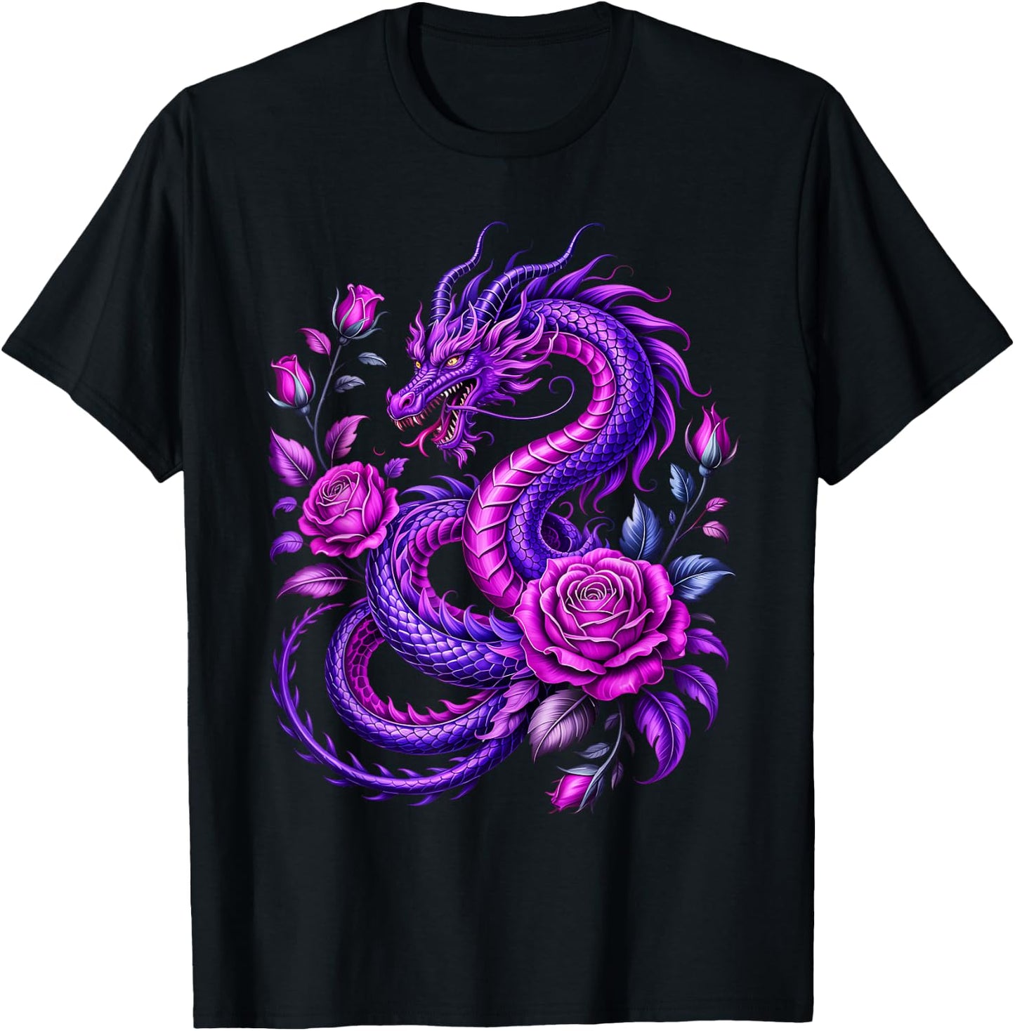 Purple Dragon and Rose Fantasy T-Shirt - T-Shirt | Black