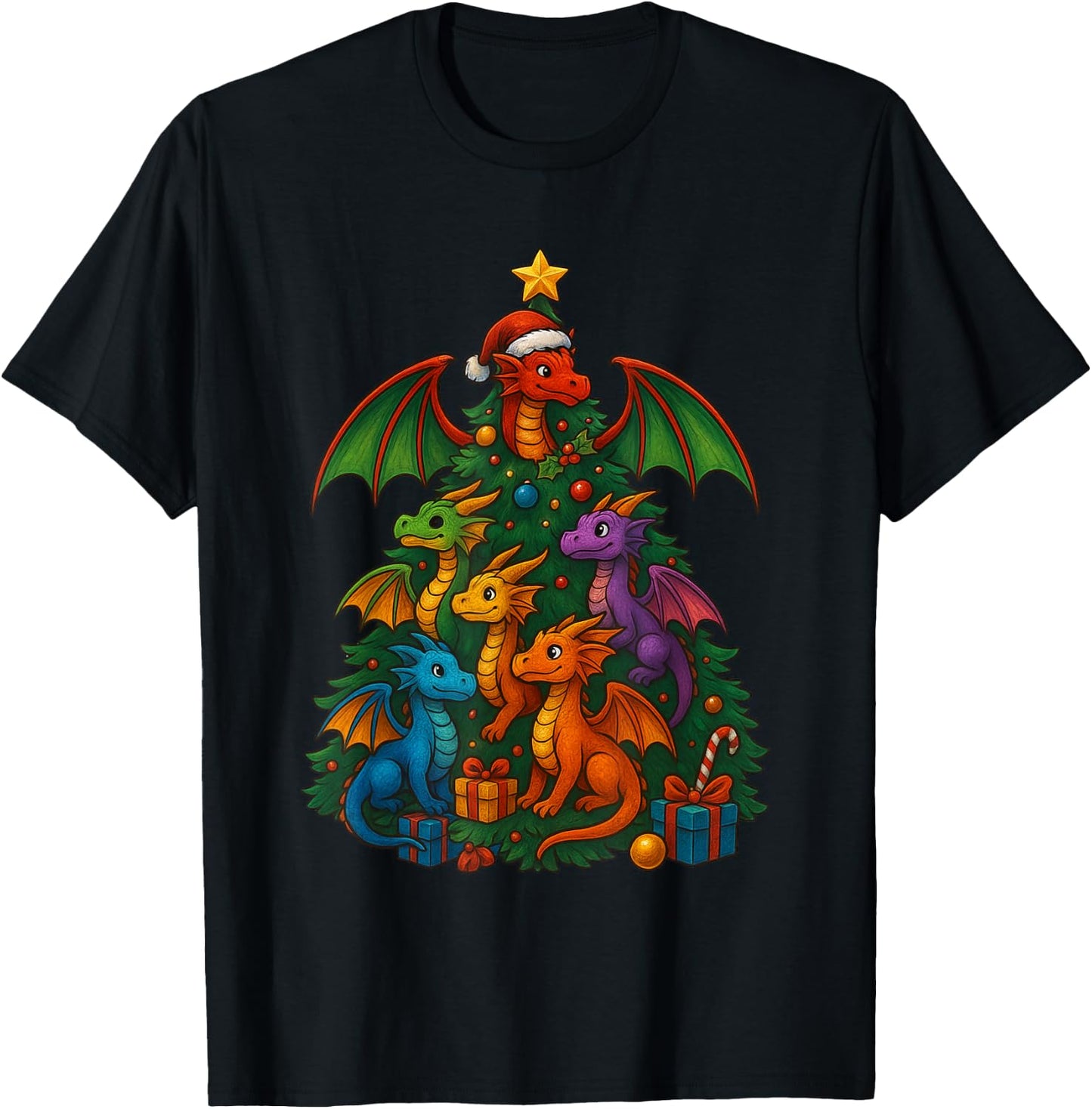 Dragon Christmas Tree Funny Dragon Xmas T-Shirt - T-Shirt | Black