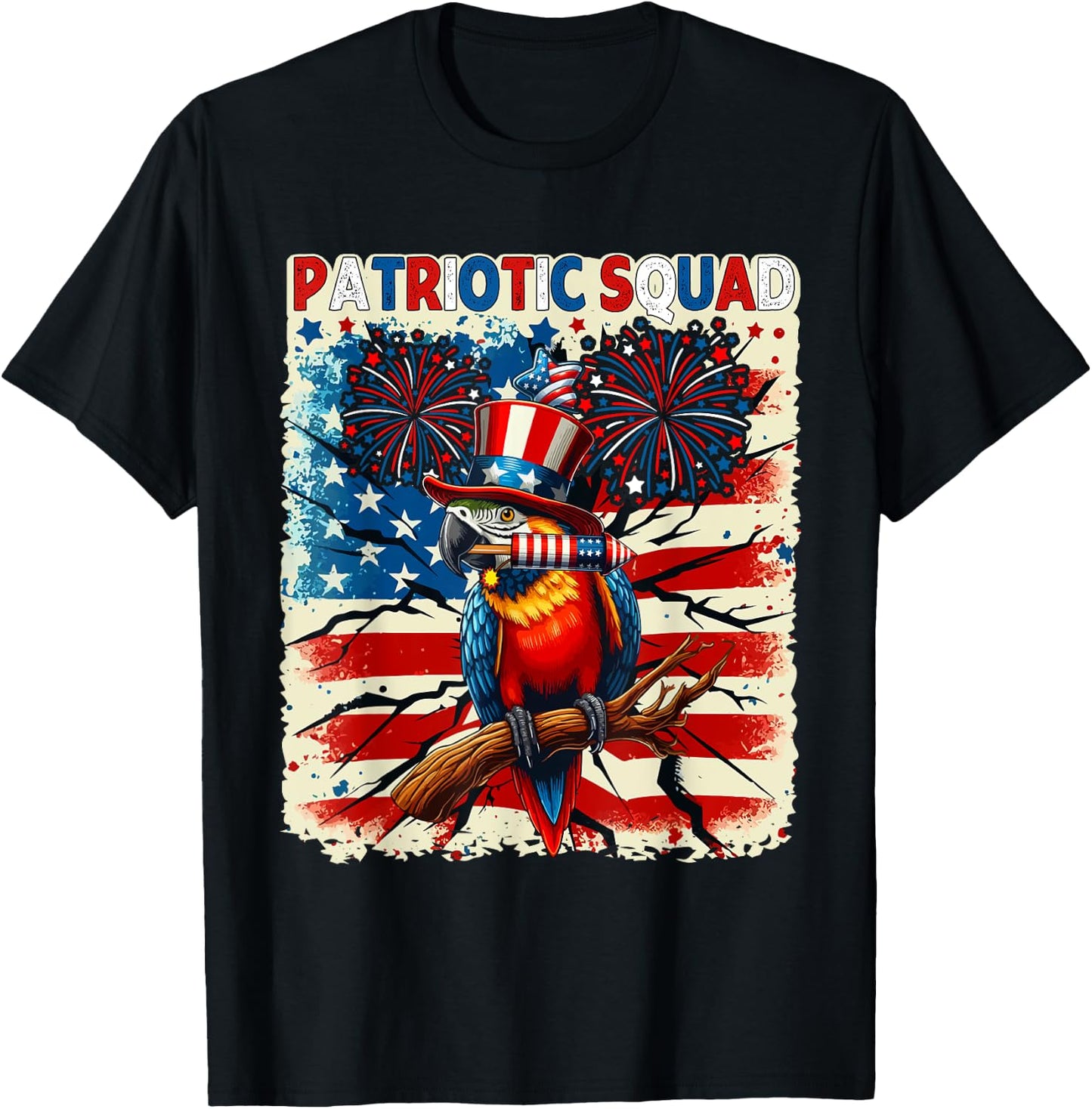 Patriotic Squad Parrot 4th Of July Fireworks US Flag Lover Kids Men T-Shirt - T-Shirt | Black