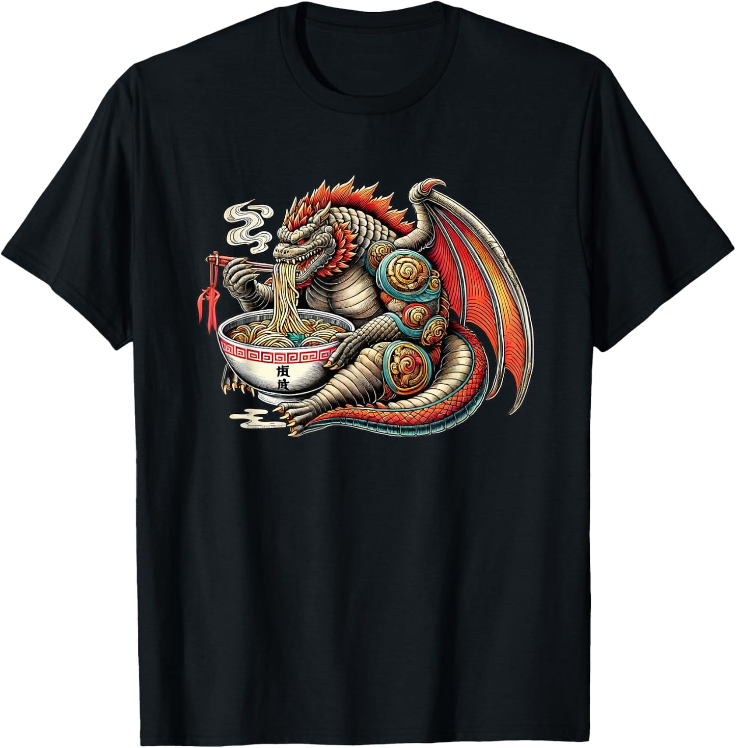 Funny Kaiju Dragon Eating Ramen Japanese Monster T-Shirt - T-Shirt | Black